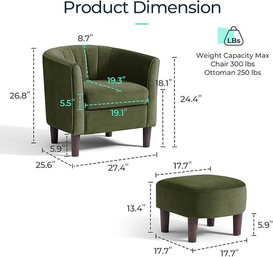 LINSY Accent Chair with Ottoman, Modern Barrel Chair Small Armchair Reading Chair with Footrest, Comfy Round Arms Chair for Living Room Bedroom Reading Room, Velvet, Olive Green