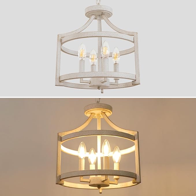 4 Lights Farmhouse Chandelier, Vintage Chandeliers for Dining Room, Rustic Semi Flush Mount Ceiling Light, Antique White Metal Hanging Pendant Light Fixture for Foyer Entryway Kitchen Island