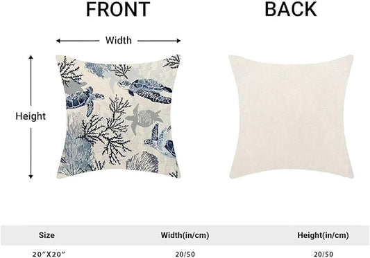 BETGINY Coastal Throw Pillow Cover 20 x 20 Inch Pack of 2, Beach Themed Blue Coral Sea Turtle Decorative Pillow Covers Square Linen Nautical Ocean Pillow Cases Cushion for Bedroom Home Sofa Decor