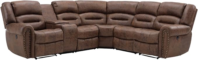 EBELLO Faux Leather Reclining Sectional Couches for Living Room, L-Shaped Power Recliner Sofa Set Corner Sectional Couch Home Furniture Set, with Storage Console, Cup Holders, USB Port, Coffee Brown