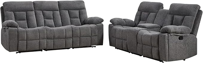 CANMOV Recliner Sofa Set, 3 Seat Recliner Sofa and Manual Loveseat with Overstuffed Armrest, Storage Console,Hidden Cup Holders, for Living Room,Grey