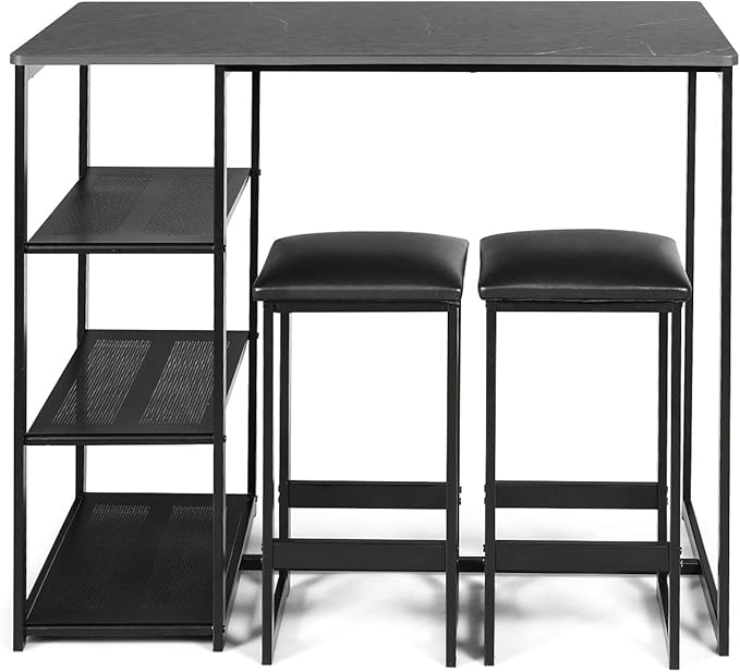 COSTWAY 3-Piece Dining Set, Compact 2 Chairs and Table Set, Kitchen Set with Rectangular Faux Marble, 3 Metal Storage Shelves, Fashionable Simple Style, Kitchen Counter Height Table Set (Black)