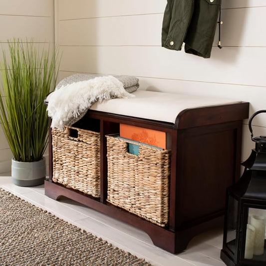 SAFAVIEH Home Collection – Freddy Cherry Storage Bench with Wicker Baskets & Cushion, Entryway Seating Bench, Fully Assembled (AMH5736E)