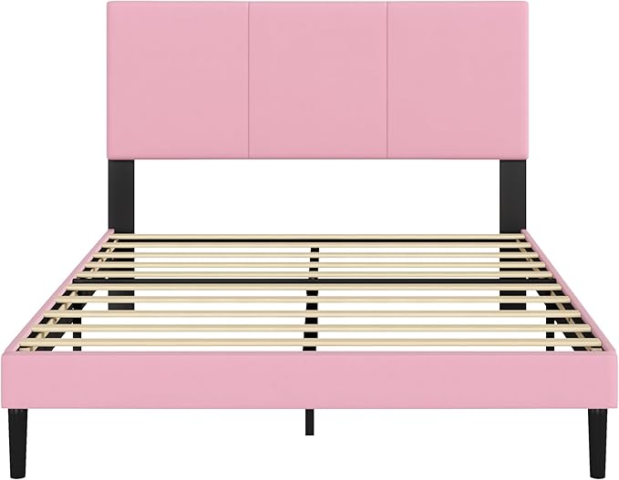 Full Size Bed Frame with Upholstered Headboard, Sturdy Wood Slats, No Box Spring Required, Silent, Easy Assembly,Pink