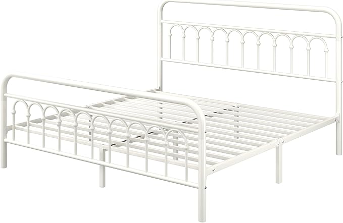 Allewie 14 Inches King Size Metal Platform Bed Frame with Victorian Style Curved Iron-Art Headboard/Footboard, Metal Slats Support, Easy Assembly, Under Bed Storage, No Box Spring Required, White