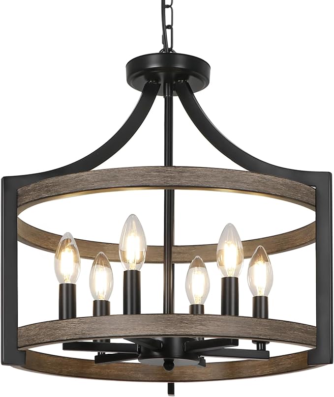 6-Light Farmhouse Chandelier, Rustic Semi Flush Mount Ceiling Light Modern Faux Wood Black Vintage Cage Hanging Pendant Light Fixture for Dining Room Kitchen Foyer Hallway Entryway Bedroom