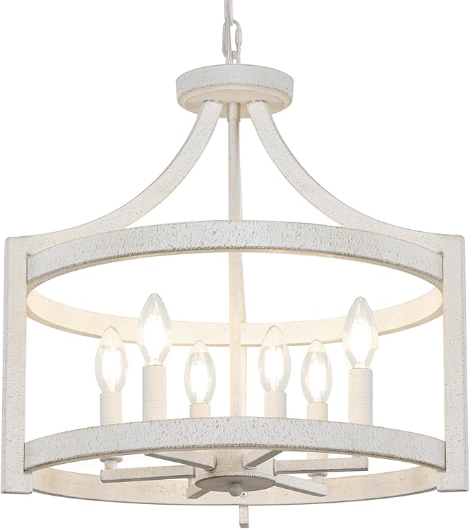 Farmhouse Chandelier for Dining Room, 6-Light Distressed White Hanging Light Convertible Semi Flush Mount Ceiling Light Fixture, Metal Vintage Pendant Lighting for Kitchen Foyer Entryway