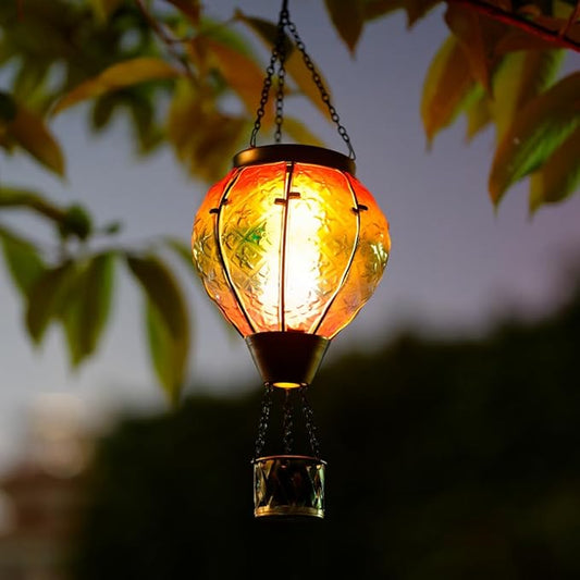 DREAMSOUL 2 PCS Rainbow Solar Hot Air Balloon Lantern with Flame, Metal & Glass Solar Lanterns Outdoor Waterproof for Lawn Patio Tree Decor