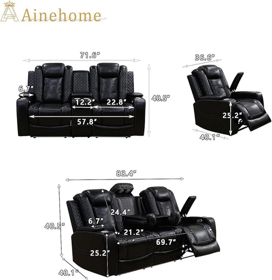 A Ainehome Power Leather Recliner Sofa Set with LED Lights, Recliner Sofa Sectional Couches for Living Room, Reclining Sofa, loveseat, Chair with USB Port/Storage Console/Cup Holder(black,3-piece set)
