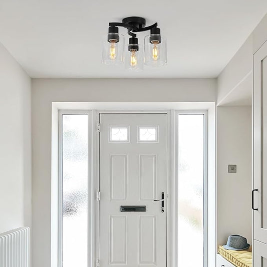 WILON Black Flush Mount Ceiling Light, Farmhouse Kitchen Lighting Fixtures Ceiling Mount, 3-Light Clear Glass Semi Flush Mount Ceiling Light Fixture for Hallway Entryway Foyer Bedroom Laundry Room