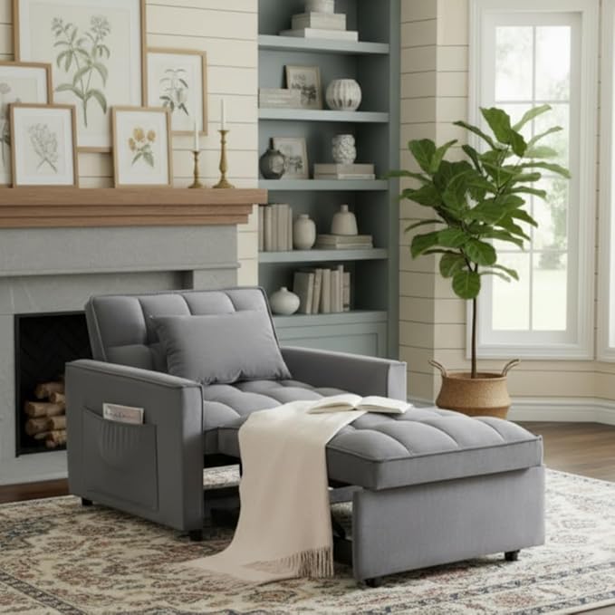 Sleeper Chair, Pull Out Chair Sleeper with Adjustable Back & Pocket, Convertible Chairs Bed Sleepers for Adults, 3 in 1 Sofa Bed Chairs for Small Spaces, Living Room, Gray