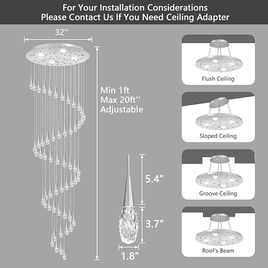 56-Lights 20 Feet Large Modern Chandelier LED Light Fixtures High Ceiling Long Light Chandelier for Entrance Foyer Dimmable Lights with Remote Living Room Ceiling Pendant Lighting Shine Silver