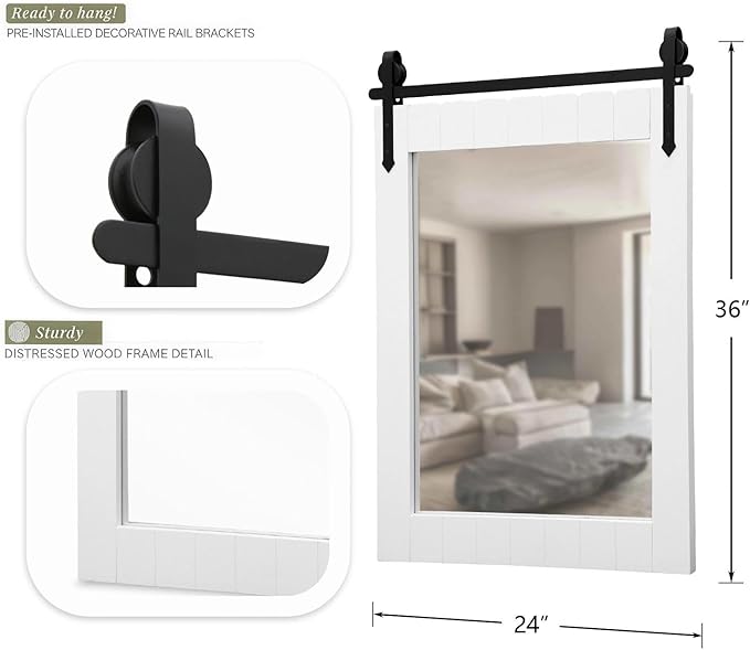Besdomus Bathroom Farmhouse Large Mirror: 24"x36" White Barn Door Solid Cedar Wood Frame Vanity Mirror - Rustic Wall Mounted Mirror for Bathroom/Living Room/Entryway - Farmhouse Decor for Homemakers