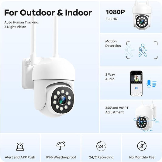 CAMCAMP Outdoor Security Camera Wireless Cameras for Home Security, 2K 360° View Pan/Tilt, Auto Human Tracking, 2.4G& 5G WiFi, Three Night Vision, Two-Way Talk, Indoor, IP66, Support SD Storage (1, W)