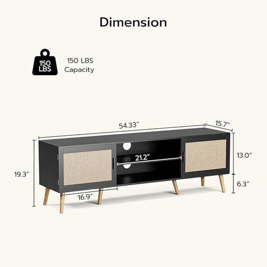TV Stand for TVs up to 65'', Entertainment Center with Rattan Door, Shelves & 2 Cabinets, Boho Media TV Console for Living Room, Bedroom, Black
