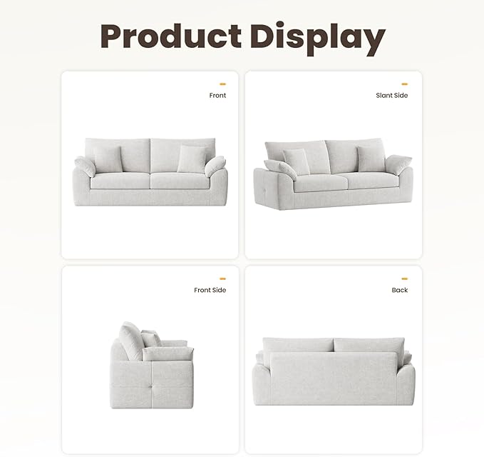 MALOL 90" Boneless Loveseat Sofa, Cloud Foam Couch, 3 Seater Upholstered Midcentury Mondern Love Seat, Wide Armrest and 4 Pillows for Home Living Room/Small Spaces, No Assembly Required, Beige