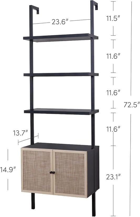 Nathan James Theo Modern Bookcase with Rattan Cabinet in Matte Black and Light Oak Finish with Matte Black Metal Frame for Living Room, Home Office Storage, Set of 3
