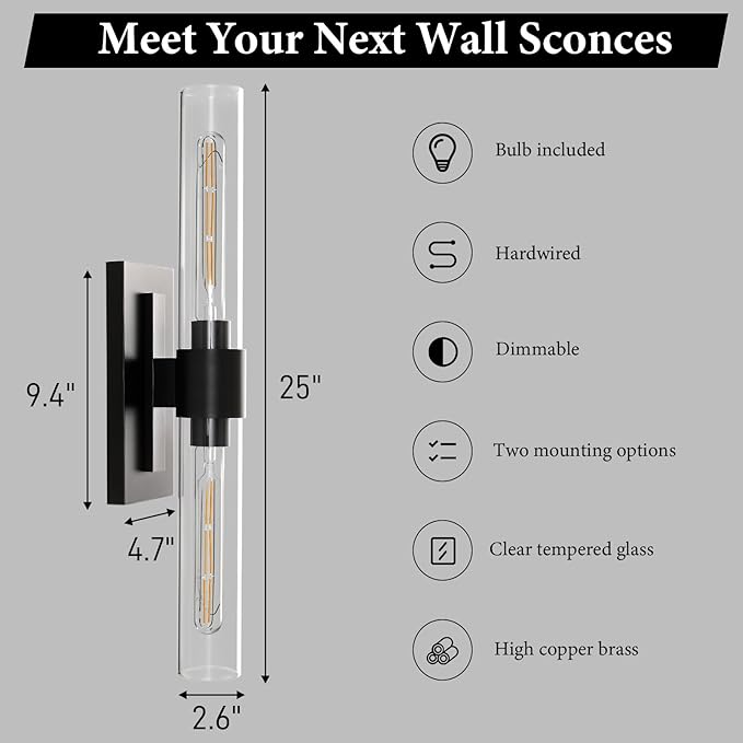 Black Brass Bathroom Wall Sconce - Modern Linear Light Sconces - Dimmable Lighting Fixtures - Vertical or Horizontal Mounted Clear Glass Tube Vanity Lights for Indoor Living Room Hallway