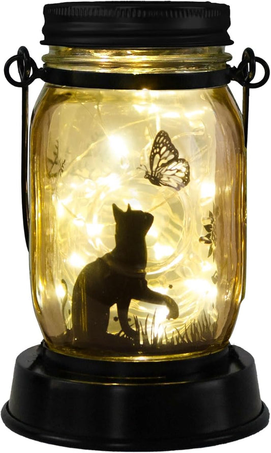 Cat Lover Gifts for Mom/Grandma/Women/Sister Cat Butterfly Solar Light Gifts Mother Day Gift Solar Lanterns Outdoor Waterproof Fairy Lights Led Mason Jar Hanging Cat Lamps Decor for Garden Yard Patio