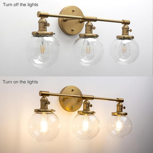PERMO Bathroom Vanity Light Vintage 3 Light Wall Sconces with 5.9" Round Clear Glass Globe Shade (Antique Gold)