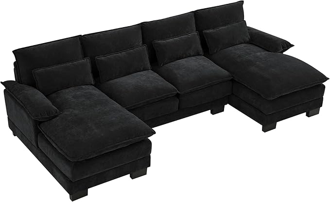 ONEMMLION U Shape Cloud Couch Sectional Sofa for Living Room, 110" Modern Chenille Comfy Cloud Sofa, 4 Seat Upholstered Modular Sofa with Memory Foam & Double Chaise, Jet Black