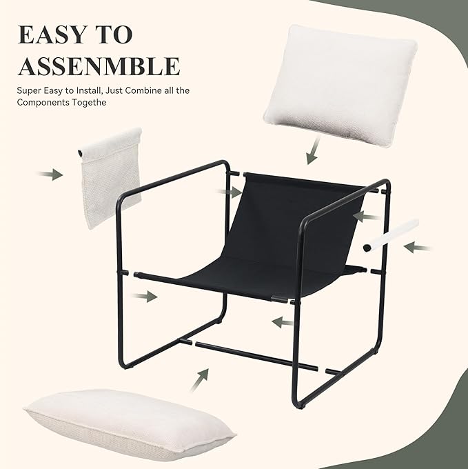 Accent Chair with Metal Frame, Upholstered Living Room Chairs with Cushions, Comfy Reading Armchair for Bedroom Beige