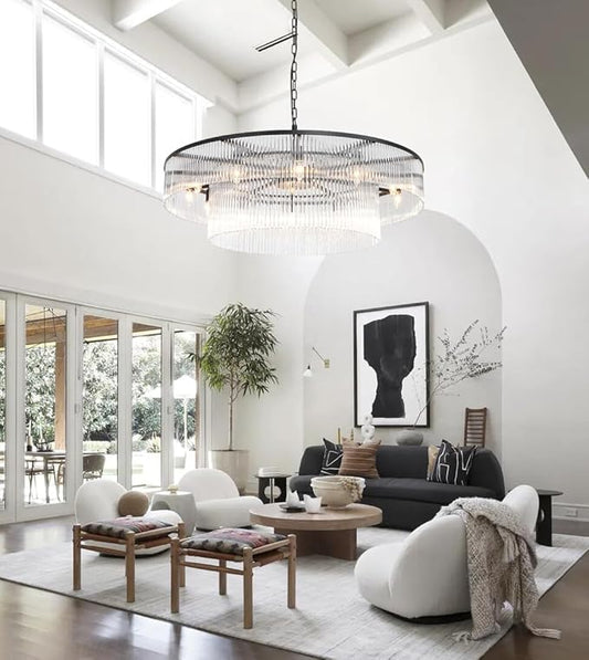 Black Glass Chandelier, Large Modern 2-Tier Glass Rod Chandelier Lighting for High Ceiling Foyer Hall Staircase, 12-Light Round Hanging Ceiling Light Fixture 39"