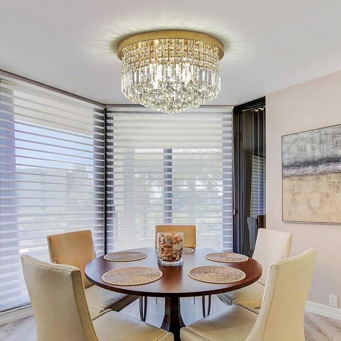 Saint Mossi Modern K9 Crystal Raindrop Chandelier Lighting, Flush Mount Ceiling Light, Perfect for Dining Room Bathroom Bedroom Livingroom, 9 x E12 Bulbs, H11 x D20, Clear Crystal & Brass Canopy