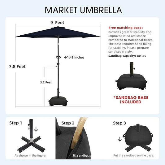wikiwiki 9FT Patio Umbrella with Base, Outdoor Umbrellas with Base Included, 8 Sturdy Ribs, Waterproof Fade Resistant POLYESTER DTY Canopy for Deck, Lawn, Garden, Backyard & Pool, Navy