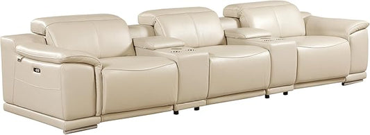 BlackJack Furniture Venice Top Grain Italian Leather Power Recline 8 Piece 5 Seater Sofa - 134" Theater Seating Modern Couch for Living Room Apartment with Adjustable Headrests & USB Port, Beige