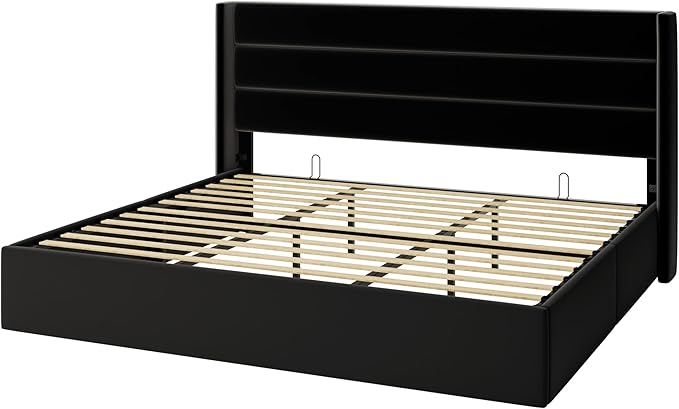 Allewie King Size Velvet Lift Up Storage Bed, Modern Wingback Headboard, Hydraulic Support, No Box Spring Needed, Black
