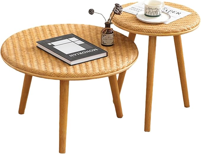 Side Table Set of 2, Coffee Table for Living Room, Farmhouse Circle End Table, Boho Round Coffee Table Natural Finish with Handcrafted Bamboo-Woven Tabletop, Unique Coffee Table