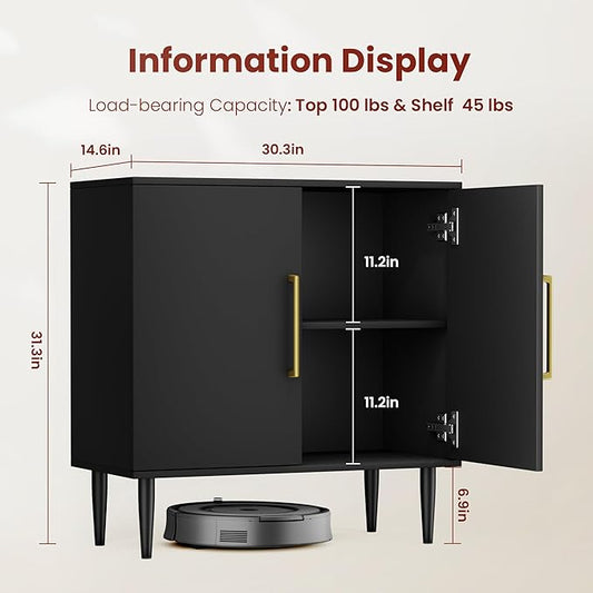 Black Buffet Cabinet, Free Standing Sideboard with Storage, Wood Accent Cabinet with Doors,Modern Credenza, Sideboard Storage Cabinet for Living Room, Dining Room(1, Black & Gold)