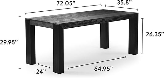 Plank+Beam 72 Inch Modern Solid Wood Dining Table - Solid Pine, Wirebrush Finish, Seats 6, Non-Toxic Finish, Easy Assembly, for Kitchen or Office, Black Wirebrush
