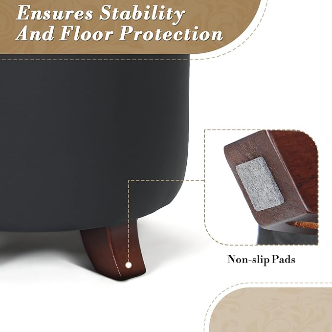 Athena Collection 15 Inch Small Ottoman with Storage, Round PU Leather Storage Ottoman Foot Rest with Removable Lid, Multipurpose Footstool Footrest for Living Room, Bedroom, Dorm, Black