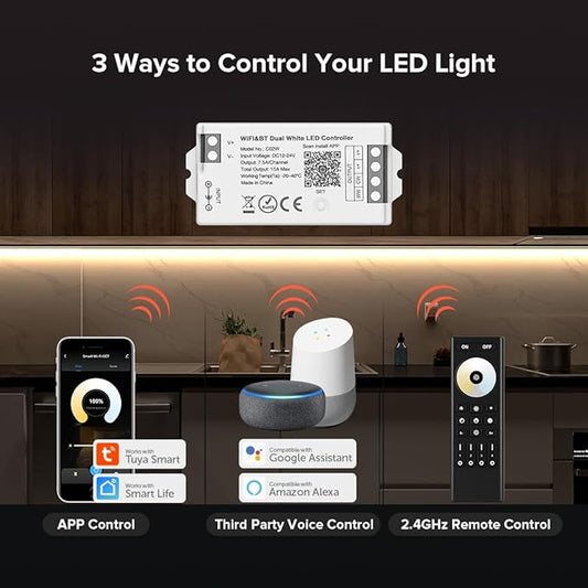 BTF-LIGHTING C02W CCT PWM (+ CW WW) 3PIN Color Temperature LED Strip Dual White 2.4GHz Tuya WiFi Group Controller Alexa Google Home Compatible with WR02RF RC02RFB Remote