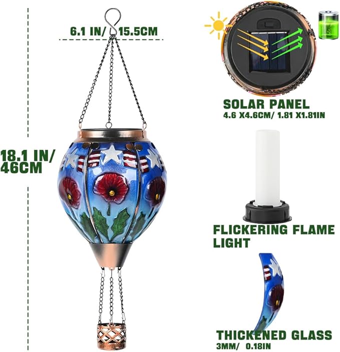 Hot Air Balloon Solar Lantern - Poppy Flower Patriotic Glass Lantern, Simulated Flickering Dancing Flame, Outdoor Hanging Yard Light Waterproof IP65, Ideal 4th of July Gift for Patriot Patio Decor