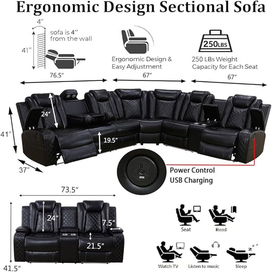 Power Reclining Sectional Sofa with LED, Leather Recliner Couch for Living Room/Home Theater, Sectional Reclining Couches with USB Port/Hide-Away Storage