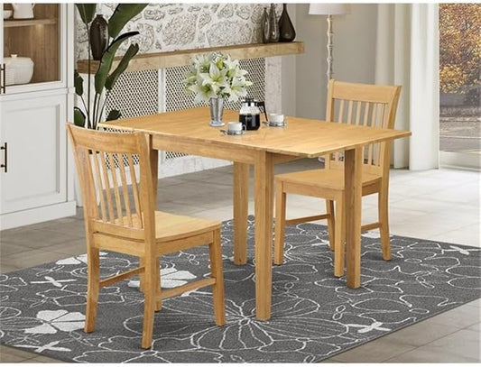 East West Furniture NDNO3-OAK-W 3 Piece Kitchen Table Set for Small Spaces Contains a Rectangle Dining Table with Dropleaf and 2 Dining Room Chairs, 30x48 Inch, Oak