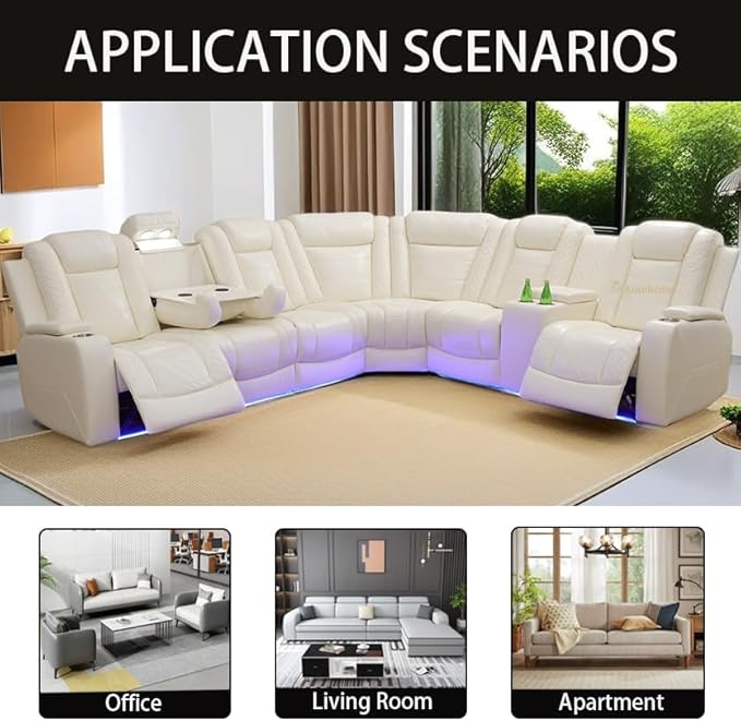 A Ainehome Leather Power Furniture Reclining Sectional Couch, Living Room Power Recliner Adjustable Sofa, Loveseat and Chair with Storage Console for Living Room/Office(Off-White)