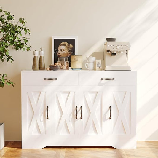 Sideboard Cabinet with Drawers, 47" W Sideboard Buffet Storage Cabinet with Storage for Kitchen, Farmhouse Coffee Bar Cabinets with Shlves and Doors for Hallway, White