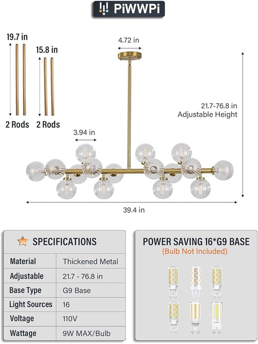 Glass Globe Sputnik Chandelier, 16-Light Mid Century Modern Light Fixture Over Table, Linear Chandeliers for Dining Room, Kitchen Island, Brass Gold and Clear Bubble, 40 Inch, GC-02