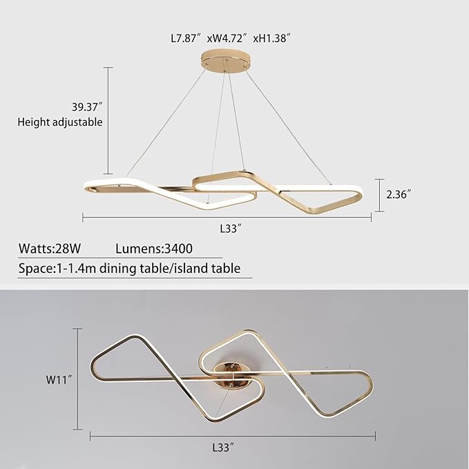 33 in Dimmable Modern LED Chandeliers for Dining Room - Adjustable Height Pendant Light Fixture Over Table, Contemporary Gold Chandelier Light Fixture (Gold 33")