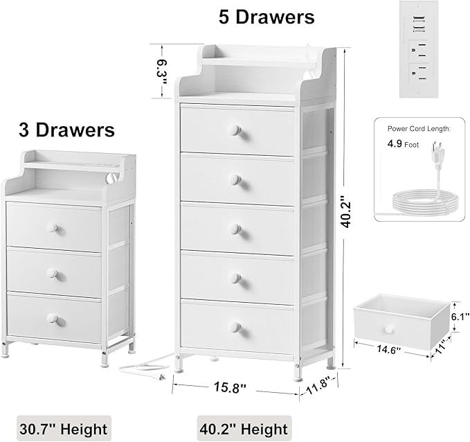 REAHOME 5 Drawer Dresser for Bedroom with Charging Station and LED Lights, White Chest of Drawers with with Shelves, Tall Night Stand with Sturdy Steel Frame & Wood Top for Bedroom - Leather White