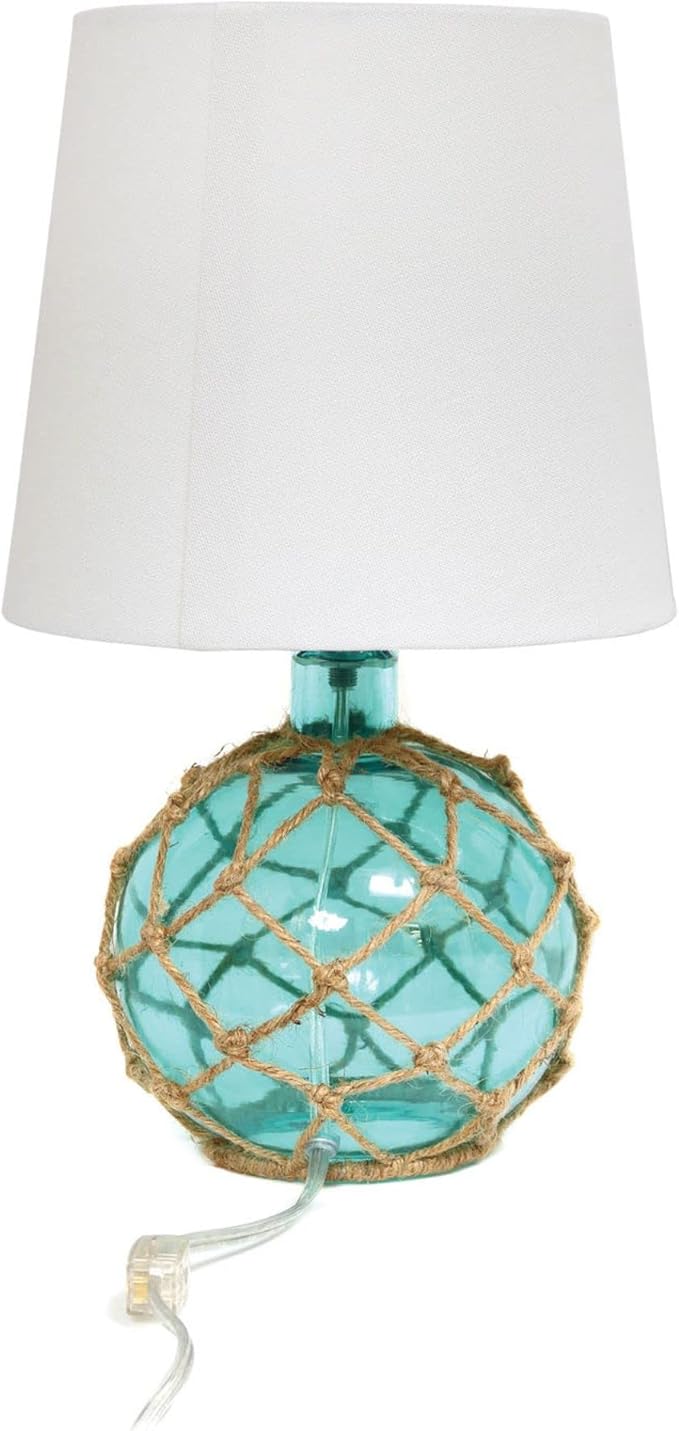 Elegant Designs LT1050-AQU Buoy Rope Nautical Netted Coastal Ocean Sea Glass Table Lamp with White Fabric Shade, Aqua