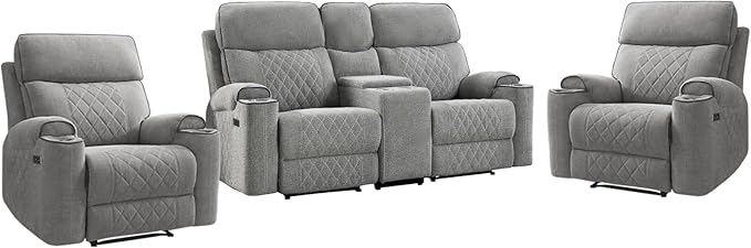 HAOMARKETS 3-Piece Recliner Sofa Set with Charging Ports, Include 2 Power Recliner Chairs and Electric 2-Seater Loveseat Reclining Couch with Hidden Storage and Cup Holders for Living Room, Light Grey