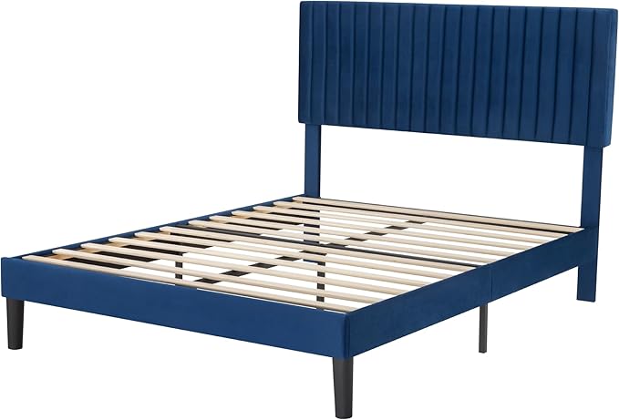 SHA CERLIN Full Upholstered Platform Bed Frame with Vertical Channel Tufted Velvet Fabric Adjustable Headboard, Wooden Slats Support, Mattress Foundation, Box Spring Optional, Blue