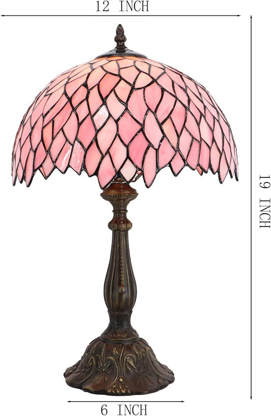 Tiffany Lamp Stained Glass Table Lamp Bedside Reading Light W12H19 Inches (Pink Wisteria)