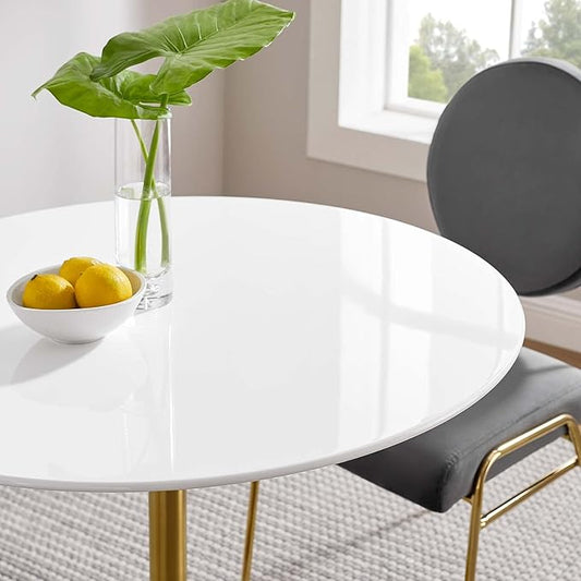 Modway Lippa 36" Mid-Century Modern Dining Table with Round Top in Gold White