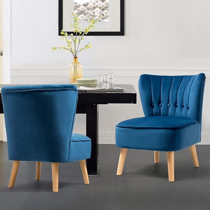Giantex Set of 2 Modern Velvet Accent Chair, Small Upholstered Leisure Sofa Chair w/Wood Legs, Thickly Padded and Button Tufted, Armless Wingback Club Chairs for Living Room Bedroom Furniture, Blue